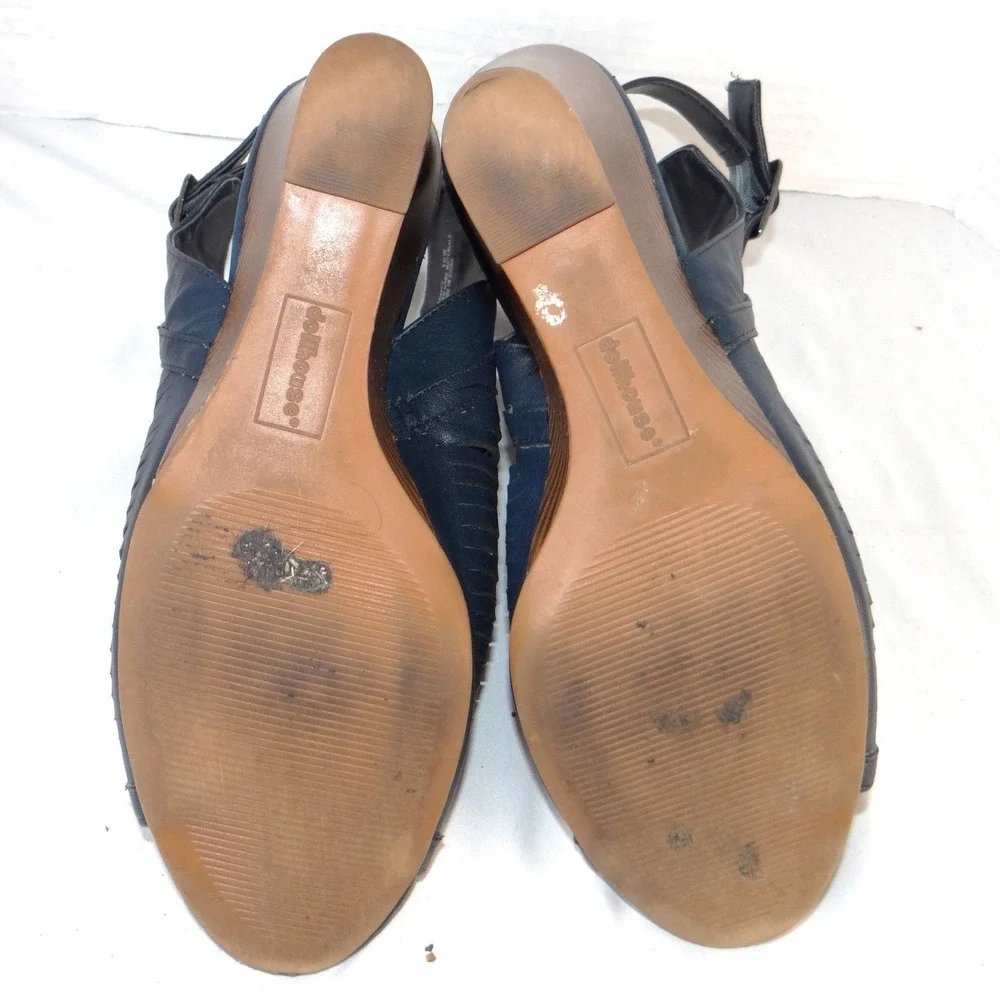 Dollhouse‎ Snaffu Navy Blue Woven Caged Wedge Sandals Womens 10W Open Toe Buckle